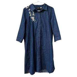 Bob Mackie Embroidered Dogwood Wearable Art Denim Dress Sz L Button Down Blue‎